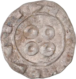 Croix composée d'une fasce et de deux étendards, cantonnée d'un besant .