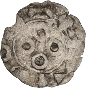 Croix composée d'une fasce et de deux étendards, cantonnée d'un besant .