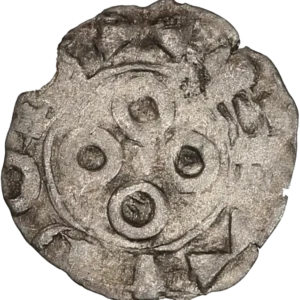 Croix composée d'une fasce et de deux étendards, cantonnée d'un besant .