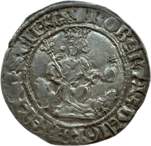 Le roi assis sur un trône orné de têtes de lions, couronné, tenant un sceptre et un globe crucigère.