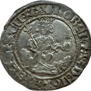 Le roi assis sur un trône orné de têtes de lions, couronné, tenant un sceptre et un globe crucigère.