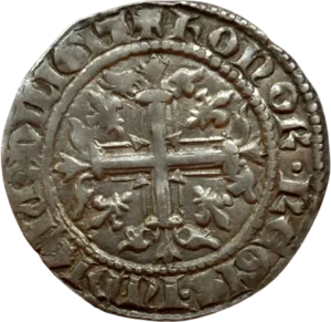 Croix feuillue, cantonnée de quatre lis .