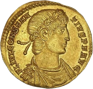 Buste diadémé, drapé et cuirassé de Constance II auguste à droite.