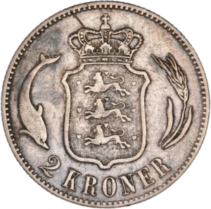 Allégorie du Danemark assise à gauche, appuyée sur un bouclier blasonné et tenant un sceptre. A ses pieds, un dauphin. Derrière elle, une botte de céréales.