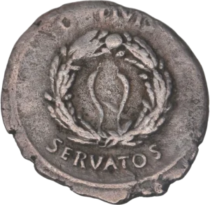 Tête nue de l'empereur Auguste à droite.