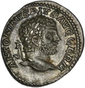 Tête laurée de Caracalla à droite.