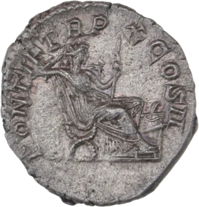 Divinité féminine assise à droite sur une chaise curule, tenant un sceptre. A ses pieds un autel enflammé.