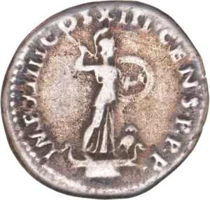 Minerve debout à droite sur une proue de bateau, coiffée du casque corinthien, tenant une haste et un bouclier. A ses pieds, une chouette.