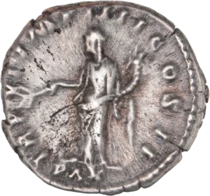 La paix drapée, tournée à gauche, tenant un rameau d'olivier et une corne d'abondance.