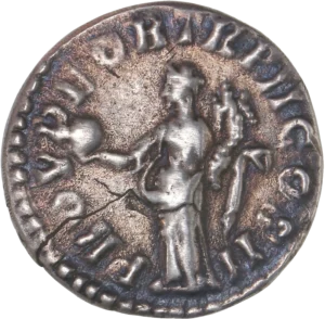 La providence drapée, tournée à gauche, tenant un globe et une corne d'abondance.