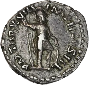 Mars casqué, vêtu militairement debout à droite, tenant une haste renversée de la main droite et appuyé de la main gauche sur son bouclier.