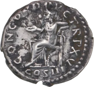 La concorde drapée, assise à gauche, tenant une patère.