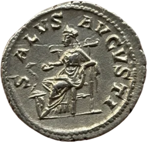 Salus (la Santé) assise à gauche, appuyée sur son siège, tenant une patère de la main droite et nourrissant un serpent enroulé autour d'un autel.