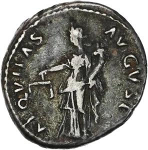 Equité tournée à gauche tenant une balance et une corne d'abondance.