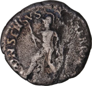 Mars ou Virtus marchant à gauche, casqué, vêtu militairement, tenant une javeline de la main droite et une enseigne.