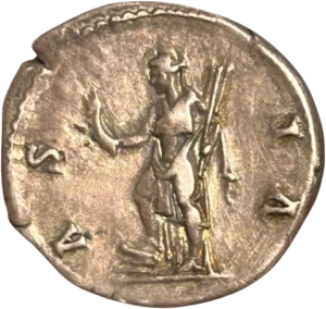 Asia (l’Asie) drapée debout à gauche, tenant un crochet de la main droite et un gouvernail de la main gauche ; le pied droit posé sur un proue de navire.