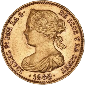 Buste de la reine Isabelle II à gauche.