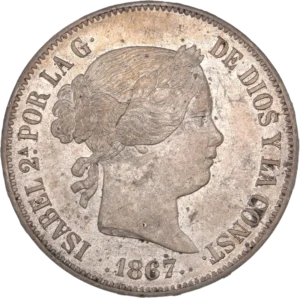 Tête laurée de la reine Isabelle à droite.