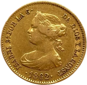 Buste laurée de la reine Isabelle II à gauche.