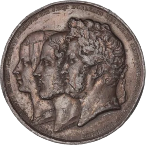 Bustes accolés à gauche de Ferdinand-Philippe d'Orléans, d'Hélène de Mecklembourg-Schwerin et de Louis-Philippe Ier.