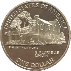 Deux portraits d'Eisenhower, en arrière-plan le général militaire (regardant à gauche), en avant-plan en Président (regardant à droite).