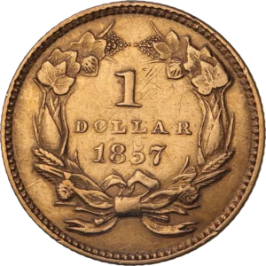 1 dollar 1857 entouré d'une couronne végétale.