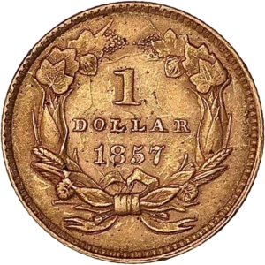 1 dollar 1857 entouré d'une couronne végétale.