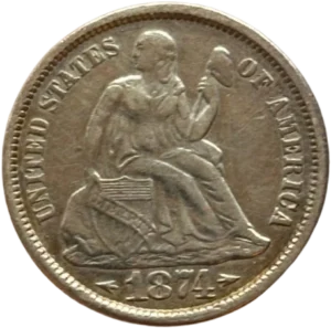 La liberté drapée assise à droite, tenant un bouclier frappé du mot "LIBERTY" et un sceptre surmonté d'un bonnet phrygien.