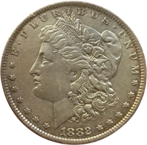 Tête de l'allégorie de la Liberté tournée à gauche et portant le bonnet phrygien, un ruban marqué LIBERTY et une couronne végétale.