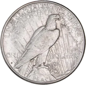 Un aigle aux ailes déployées tenant entre ses serres un foudre et entouré d'une couronne de laurier et présentant l'écusson des Etats Unis sur le torse.