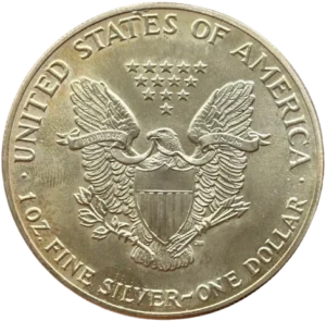 Un aigle aux ailes déployées tenant entre ses serres un foudre et entouré d'une couronne de laurier et présentant l'écusson des Etats Unis sur le torse.