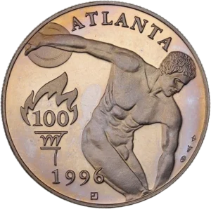 Discobole et flamme olympique.