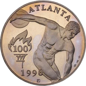 Discobole et flamme olympique.