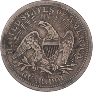 Aigle portant un blason et tenant un foudre entre ses serres.