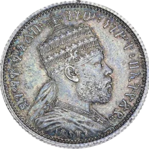 Buste couronné de l'empereur Ménélik II à droite.