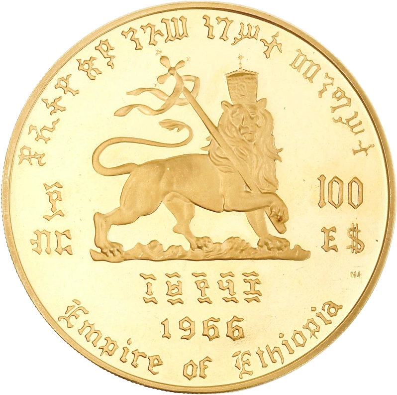 Coffret de cinq monnaies d'or d'Ethiopie datées de 1966 et fabriquées en frappe Belle épreuve (Proof).Modules de 10, 20, 50, 100 et 200 dollars or 900/1000 (152 grammes au total).Coffret réalisé à 12000 exemplaires (numéro de certificat 4455) à l'occasion du 75ème anniversaire et des 50 ans de règne de Hailé Selassié Ier.