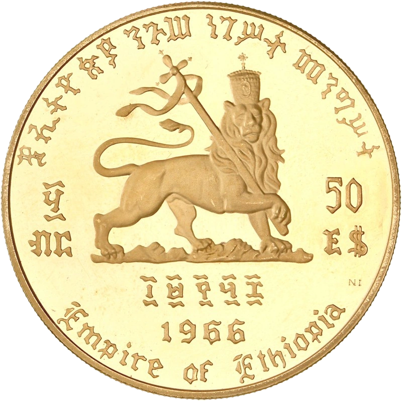 Coffret de cinq monnaies d'or d'Ethiopie datées de 1966 et fabriquées en frappe Belle épreuve (Proof).Modules de 10, 20, 50, 100 et 200 dollars or 900/1000 (152 grammes au total).Coffret réalisé à 12000 exemplaires (numéro de certificat 4455) à l'occasion du 75ème anniversaire et des 50 ans de règne de Hailé Selassié Ier.