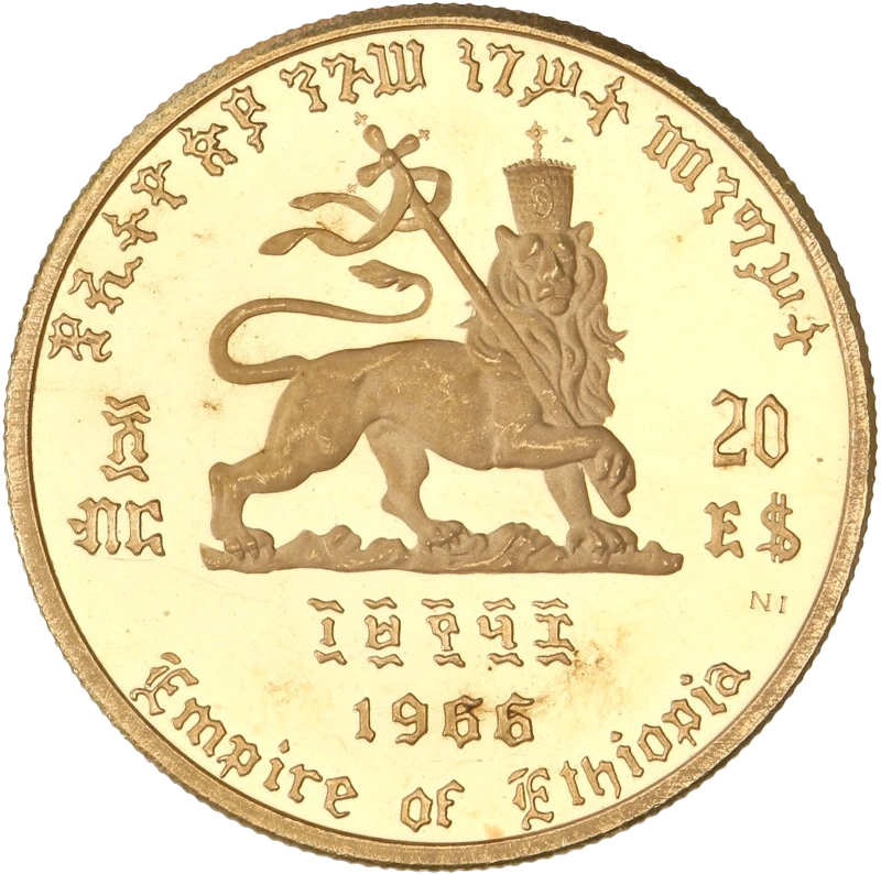 Coffret de cinq monnaies d'or d'Ethiopie datées de 1966 et fabriquées en frappe Belle épreuve (Proof).Modules de 10, 20, 50, 100 et 200 dollars or 900/1000 (152 grammes au total).Coffret réalisé à 12000 exemplaires (numéro de certificat 4455) à l'occasion du 75ème anniversaire et des 50 ans de règne de Hailé Selassié Ier.