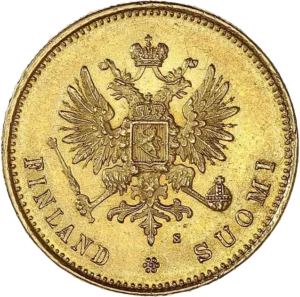 Aigle héraldique bicéphale timbrée d'un écusson aux armes de la Finlande.