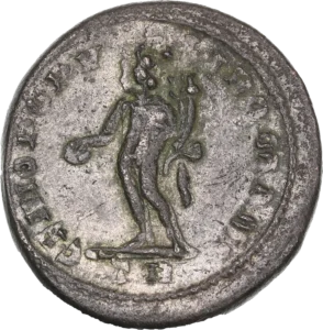 Le génie du peule romain, tourné à gauche, coiffé d'un modius, tenant une patère et une corne d'abondance.