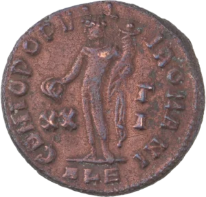 Le Génie de peuple romain tourné à gauche, tenant une patère et une corne d'abondance.