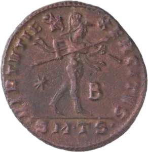 Mars nu, casqué, le manteau flottant sur l’épaule, marchant à droite, tenant une haste transversale et un trophée reposant sur l’épaule .