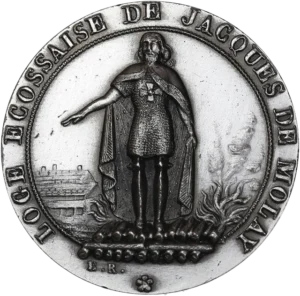 Jacques de Molay sur le bûcher pourvu d’une croix de l’ordre du Temple.