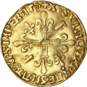 croix fleurdelisée entourée de lis et de F.