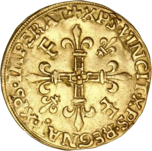 croix fleurdelisée entourée de lis et de F.