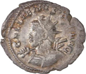 Buste radié et cuirassé de Gallien à gauche, tenant un bouclier et faisant reposé une vaste sur son épaule.