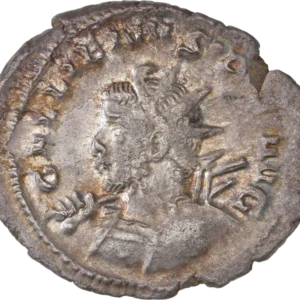 Buste radié et cuirassé de Gallien à gauche, tenant un bouclier et faisant reposé une vaste sur son épaule.