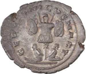 Trophée composé d'armes et d'armures. un captif enchainé de chaque coté.