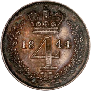 4 pence 1844 couronné et entouré d'une couronne végétale.
