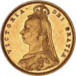 Tête couronnée et voilée de la reine Victoria à gauche.